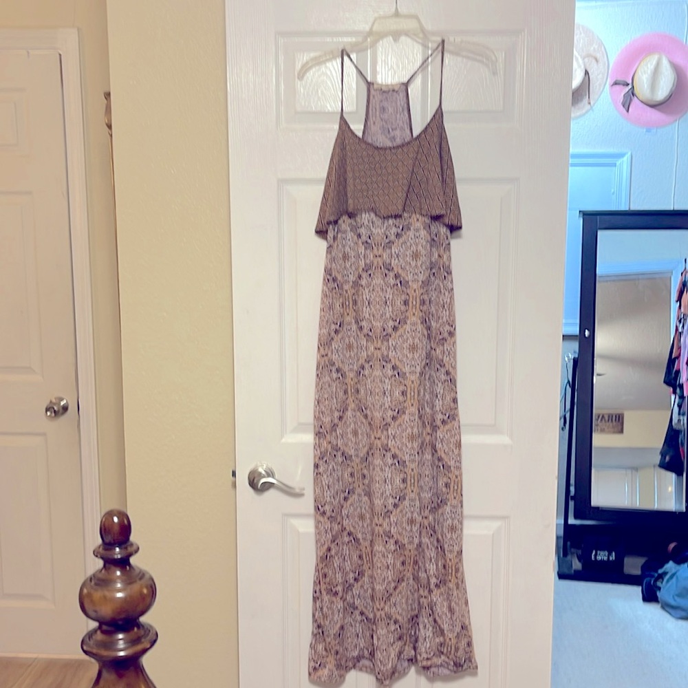 Moroccan Print Maxi Dress. Pink, Tan, Blue and Orange.